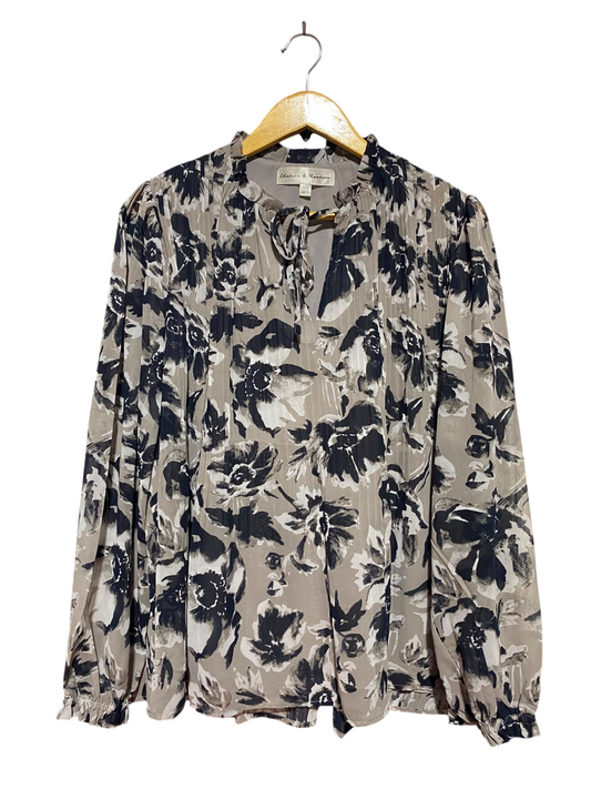CHELSEA & THEODORE |L| BUST 20| A2| TAUPE AND BLACK WATERCOLOR FLORAL PLEATED KEYHOLE TIE BLOUSE
