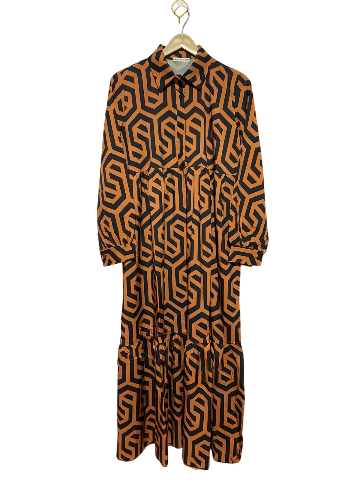 NEW COLLECTION |L| BUST 20| A2| BROWN AND BLACK RETRO GEOMETRIC PRINT TIERED LONG SLEEVE SHIRT DRESS MAXI
