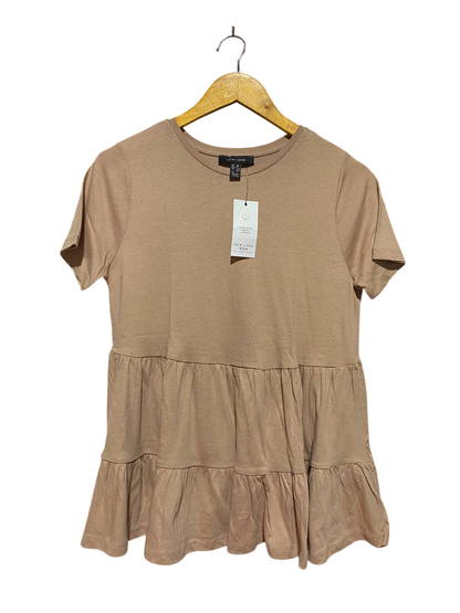 NEW LOOK |M| BUST 17| A2| TAN BEIGE ORGANIC COTTON TIERED BABYDOLL PEPLUM T-SHIRT TOP NWT