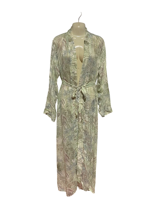 AF |L| BUST 21| A2| SAGE GREEN TROPICAL BOTANICAL METALLIC STRIPE MAXI ROBE DUSTER KIMONO WITH BELT