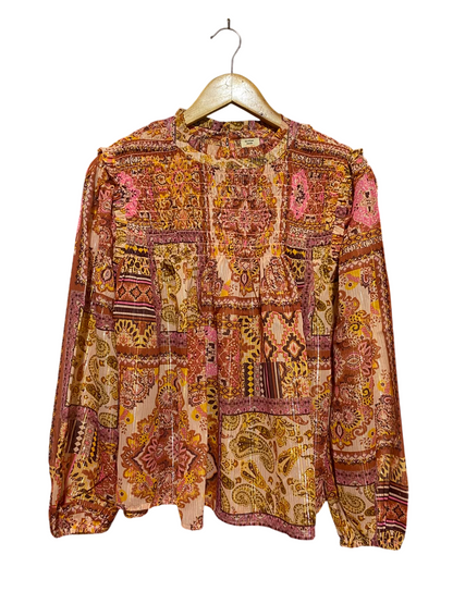 RIVER ISLAND |M| BUST 20| A2| BOHEMIAN METALLIC STRIPE PAISLEY SMOCKED LONG SLEEVE BLOUSE