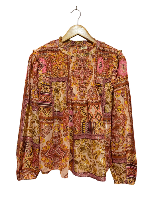 RIVER ISLAND |M| BUST 20| A2| BOHEMIAN METALLIC STRIPE PAISLEY SMOCKED LONG SLEEVE BLOUSE