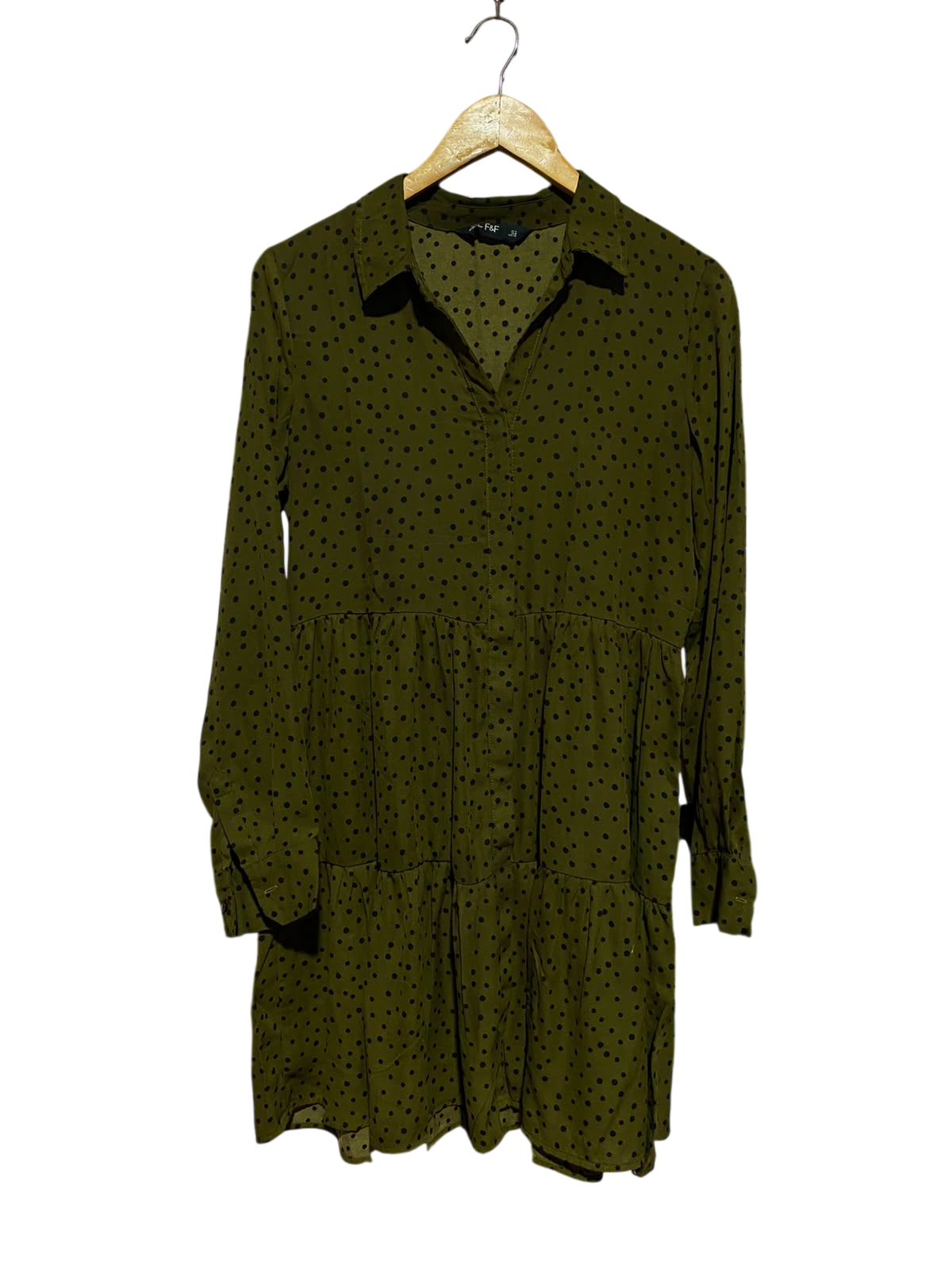 F&F |M| BUST 19| A2| OLIVE GREEN POLKA DOT TIERED LONG SLEEVE SHIRT DRESS