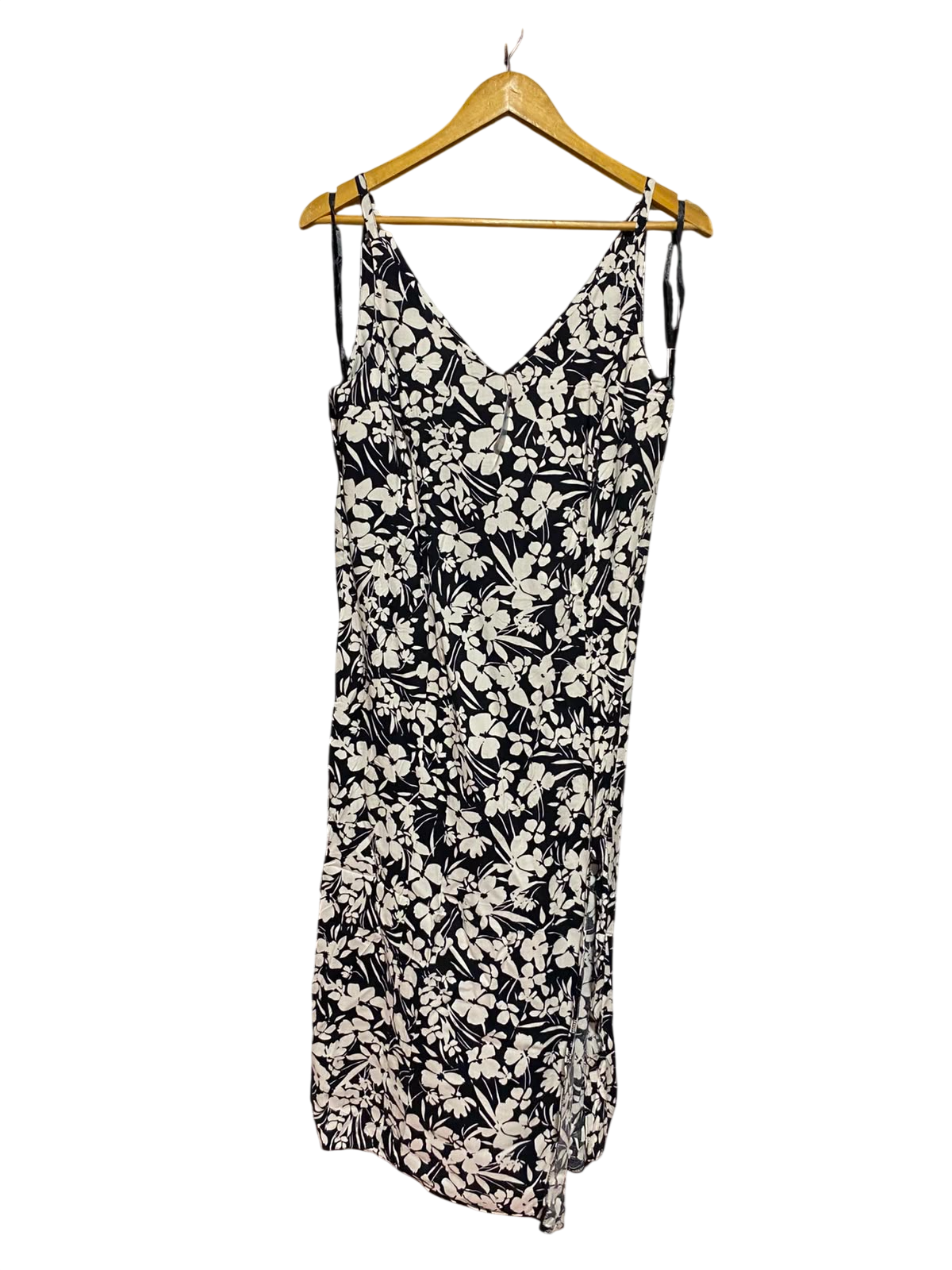 PRIMARK |M| BUST 18| A2| BLACK AND WHITE FLORAL V-NECK SPAGHETTI STRAP MIDI SLIP DRESS WITH SIDE SLIT