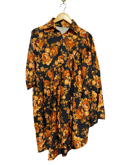 |L| BUST 20| A2| BLACK AND ORANGE FLORAL PRINT GATHERED BABYDOLL COLLARED SHIRT DRESS TUNIC