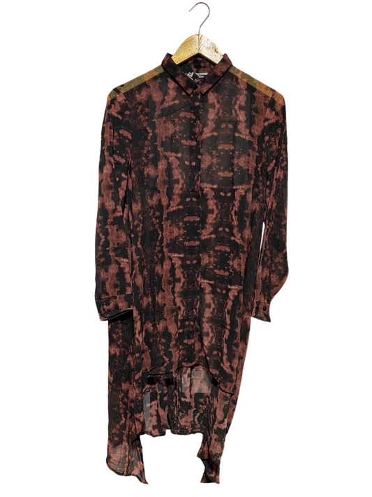 H&M DIVIDED |M| BUST 19| A2| BLACK AND BROWN ABSTRACT PRINT HIGH-LOW BUTTON-DOWN SHIRT DRESS TUNIC