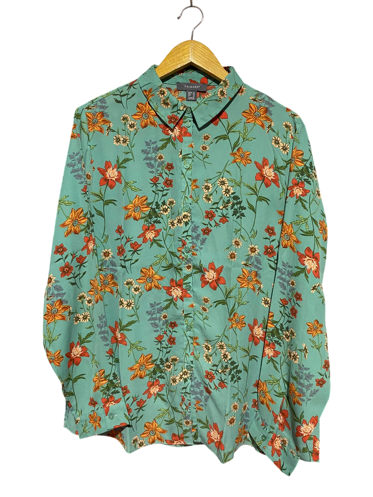 PRIMARK |L| BUST 23| A2| SAGE GREEN BOTANICAL FLORAL PRINT LONG SLEEVE BUTTON-DOWN BLOUSE