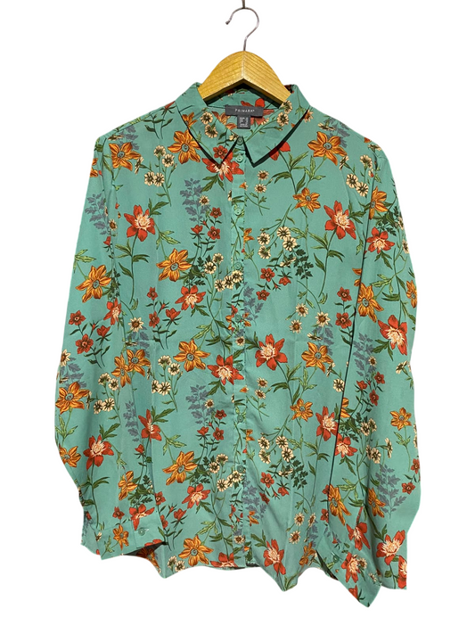 PRIMARK |L| BUST 23| A2| SAGE GREEN BOTANICAL FLORAL PRINT LONG SLEEVE BUTTON-DOWN BLOUSE