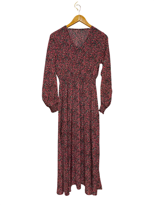 SHEIN |S| BUST 17| A2| RED AND BLACK DITSY FLORAL V-NECK LONG SLEEVE MAXI DRESS WITH SMOCKED WAIST