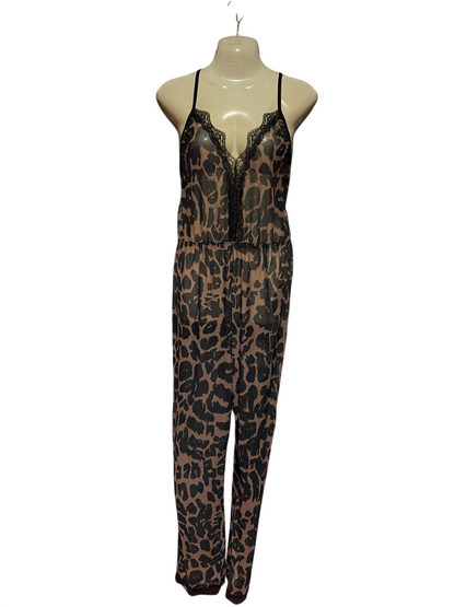 |M| BUST 15| A2| LEOPARD PRINT LACE-TRIM SPAGHETTI STRAP LOUNGEWEAR SLEEP JUMPSUIT