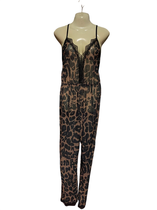 |M| BUST 15| A2| LEOPARD PRINT LACE-TRIM SPAGHETTI STRAP LOUNGEWEAR SLEEP JUMPSUIT