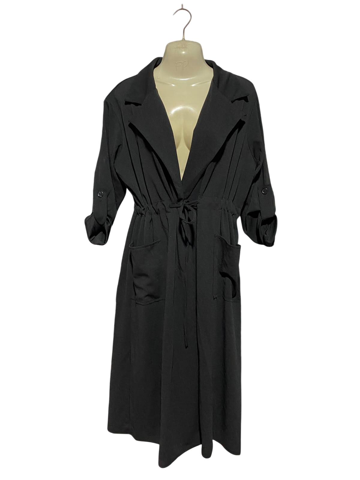 ITALY |L| BUST 21| A2| BLACK LIGHTWEIGHT DRAWSTRING TRENCH DUSTER COAT WITH ROLL-TAB SLEEVES AND POCKETS
