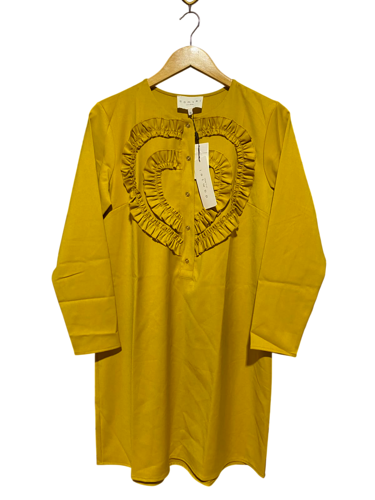 DAMSEL |M| BUST 19| A2| MUSTARD YELLOW DOUBLE HEART RUFFLE MINI SHIFT DRESS