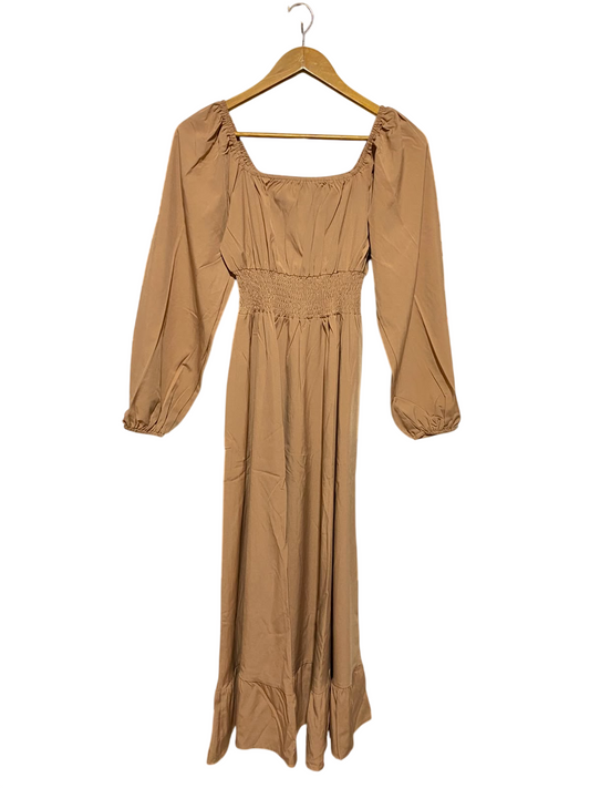 |S| BUST 14| A2| CHIC TAN COTTAGECORE SQUARE-NECK MAXI DRESS WITH SMOCKED WAIST