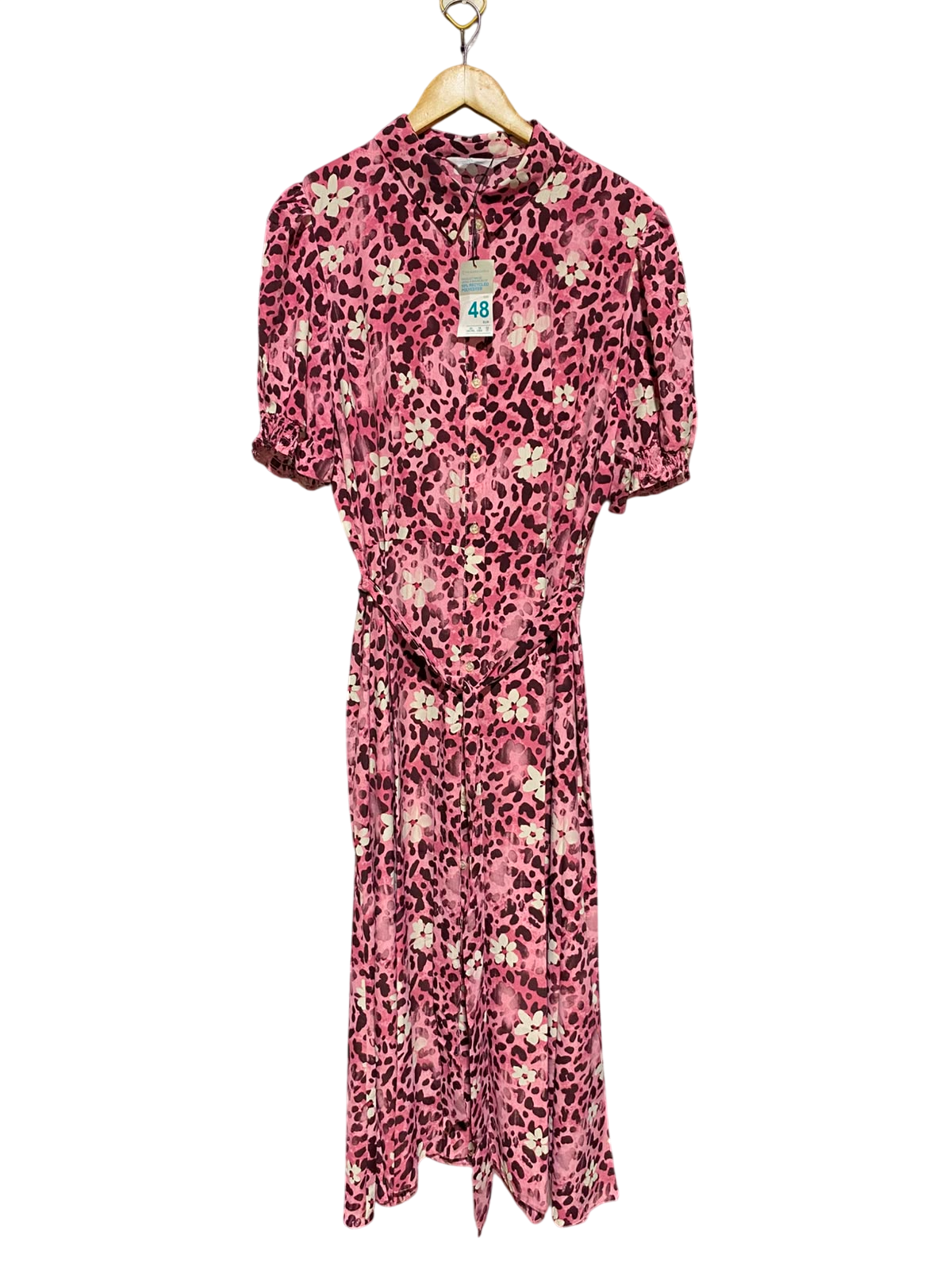 PRIMARK CARES |L| BUST 20| A2| CHIC PINK LEOPARD AND FLORAL PRINT BUTTON-FRONT SHIRT DRESS WITH WAIST TIE