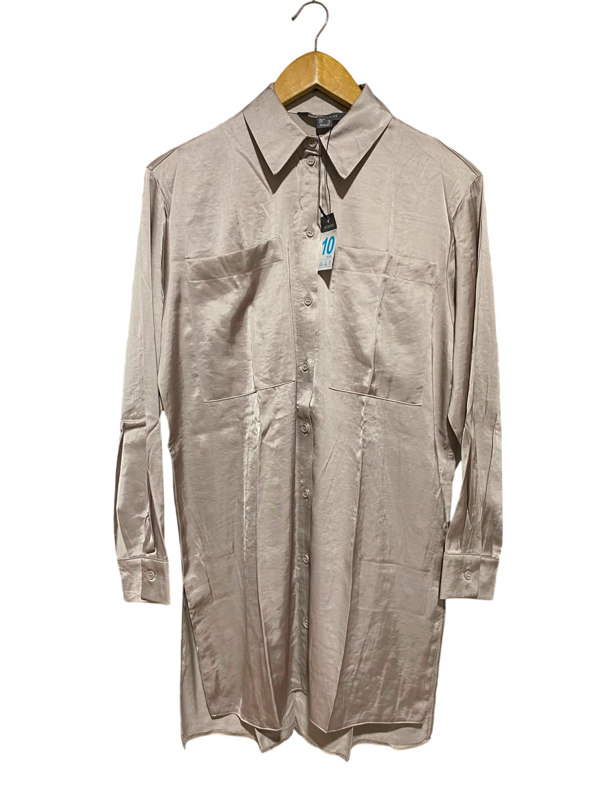 PRIMARK |M| BUST 21| A2| LUXURIOUS CHAMPAGNE SATIN LONG SLEEVE BUTTON-DOWN SHIRT DRESS