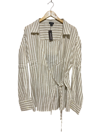 BOOHOO |M| BUST FREE| A2| BEIGE AND WHITE VERTICAL STRIPED COLLARED WRAP BLOUSE WITH LONG SLEEVES
