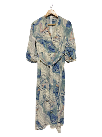 SHEIN |M| BUST 17| A2| CHIC BLUE MARBLE PRINT WRAP-STYLE MAXI DRESS WITH MATCHING WAIST TIE