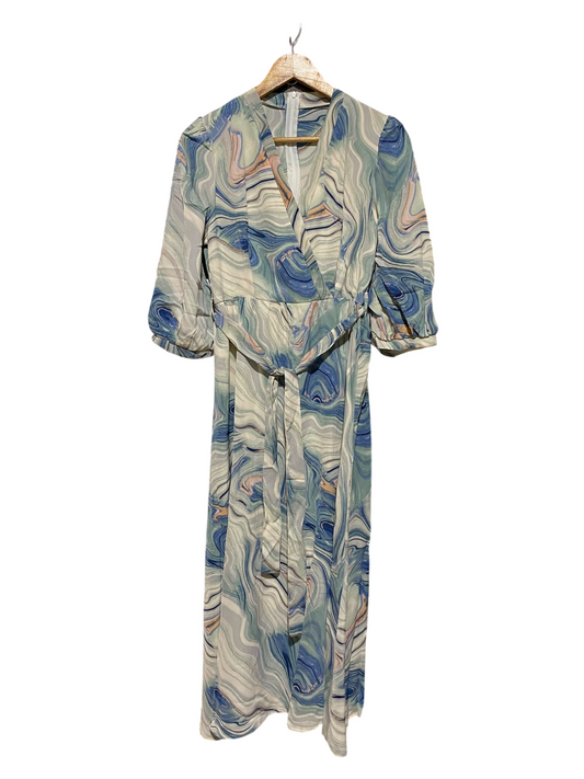 SHEIN |M| BUST 17| A2| CHIC BLUE MARBLE PRINT WRAP-STYLE MAXI DRESS WITH MATCHING WAIST TIE