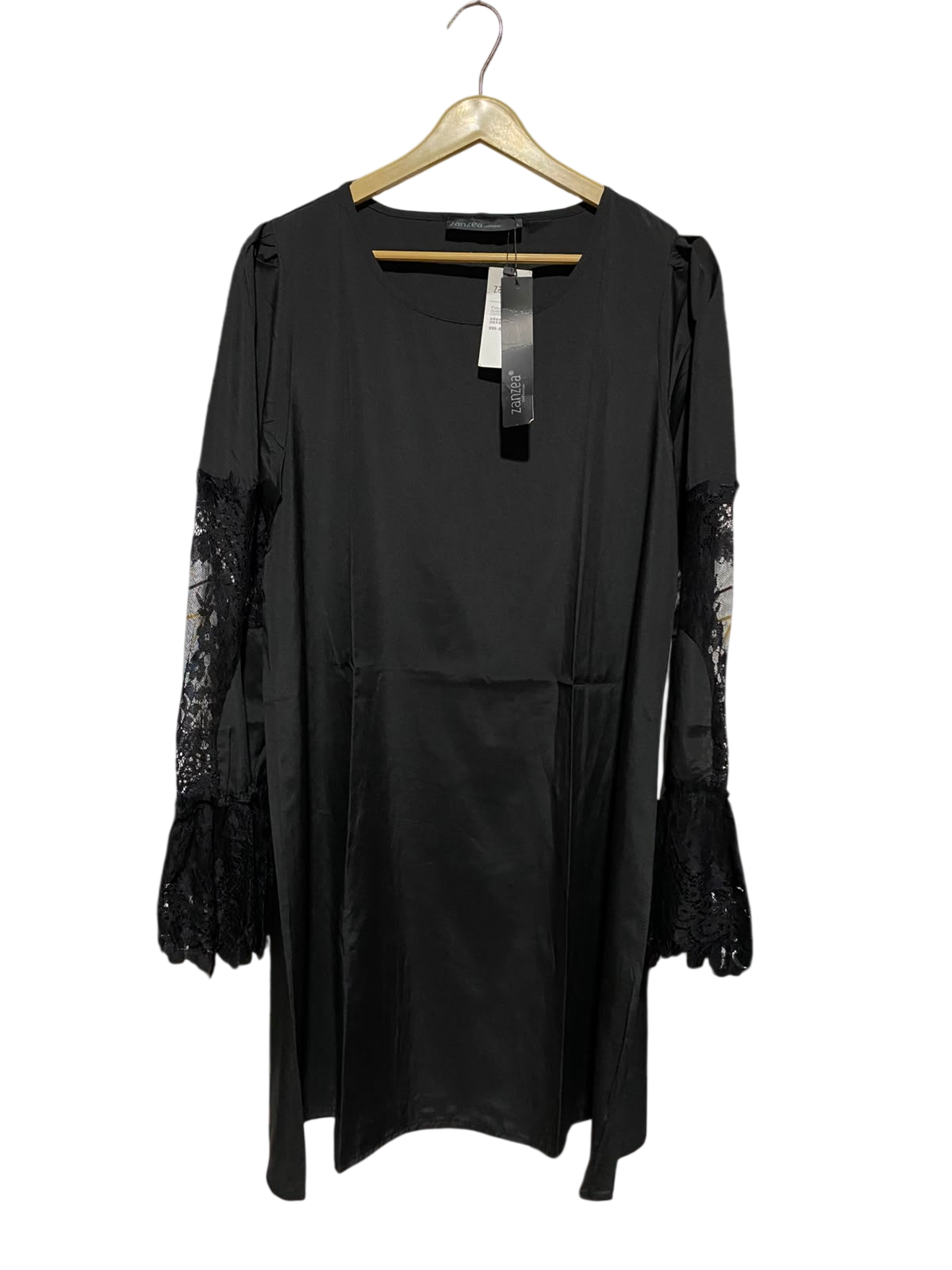 ZAN ZEA |L| BUST 20| A2| ELEGANT BLACK SHIFT DRESS WITH INTRICATE LACE BELL SLEEVES