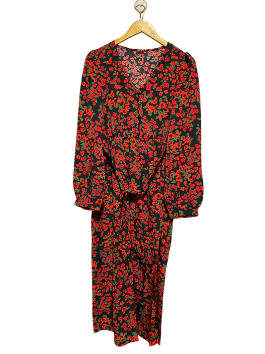JIM & NORA |L| BUST 18| A2| ELEGANT RED FLORAL PRINT V-NECK MAXI DRESS WITH LONG SLEEVES