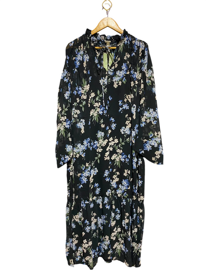 H&M |M| BUST 24| A2| BOHEMIAN BLACK AND BLUE FLORAL TIERED MIDI DRESS WITH TIE NECK