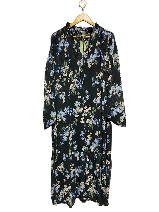H&M |M| BUST 24| A2| BOHEMIAN BLACK AND BLUE FLORAL TIERED MIDI DRESS WITH TIE NECK
