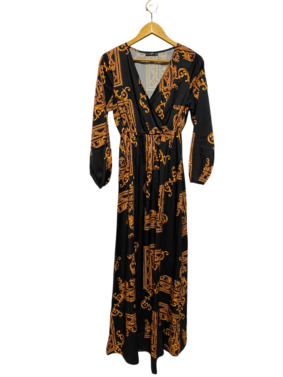 SHEIN |XS| BUST 17| A3| LUXURIOUS BLACK AND GOLD BAROQUE PRINT V-NECK MAXI DRESS