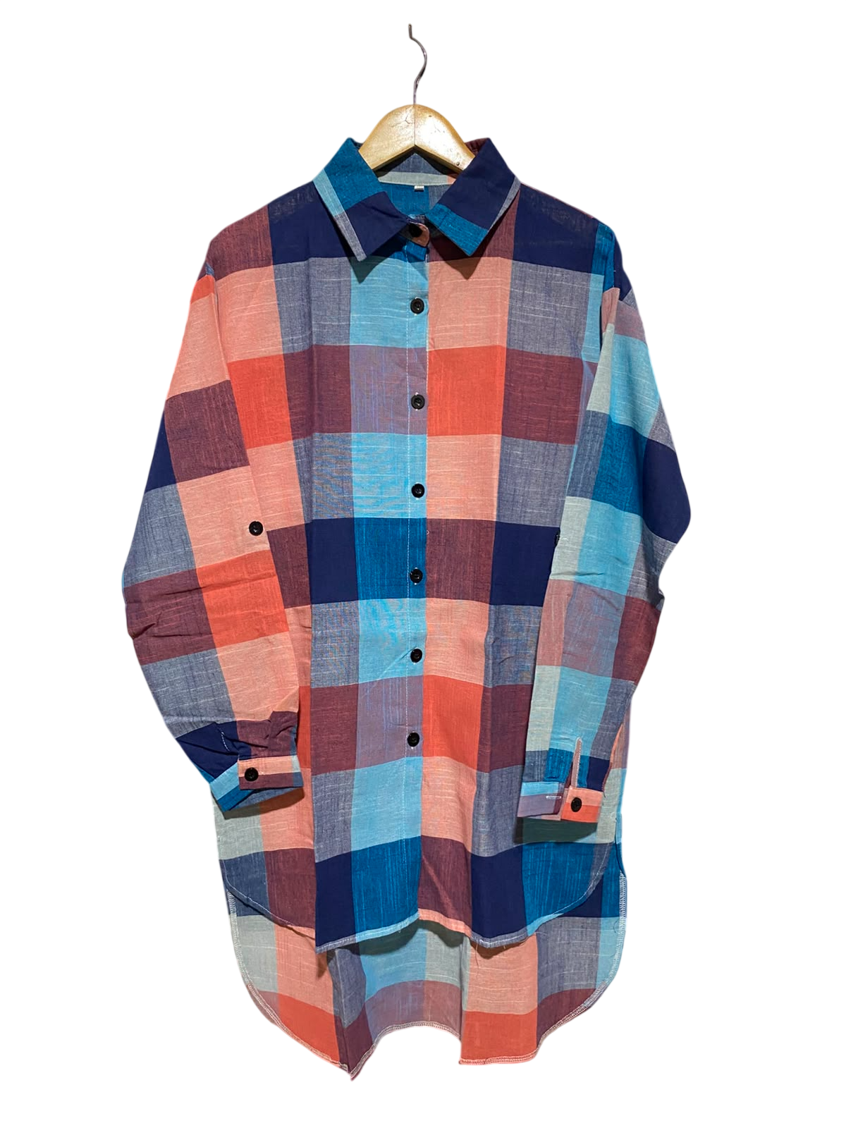 |XL| BUST 23| A3| CASUAL MULTICOLOR PLAID HIGH-LOW BUTTON-DOWN TUNIC SHIRT