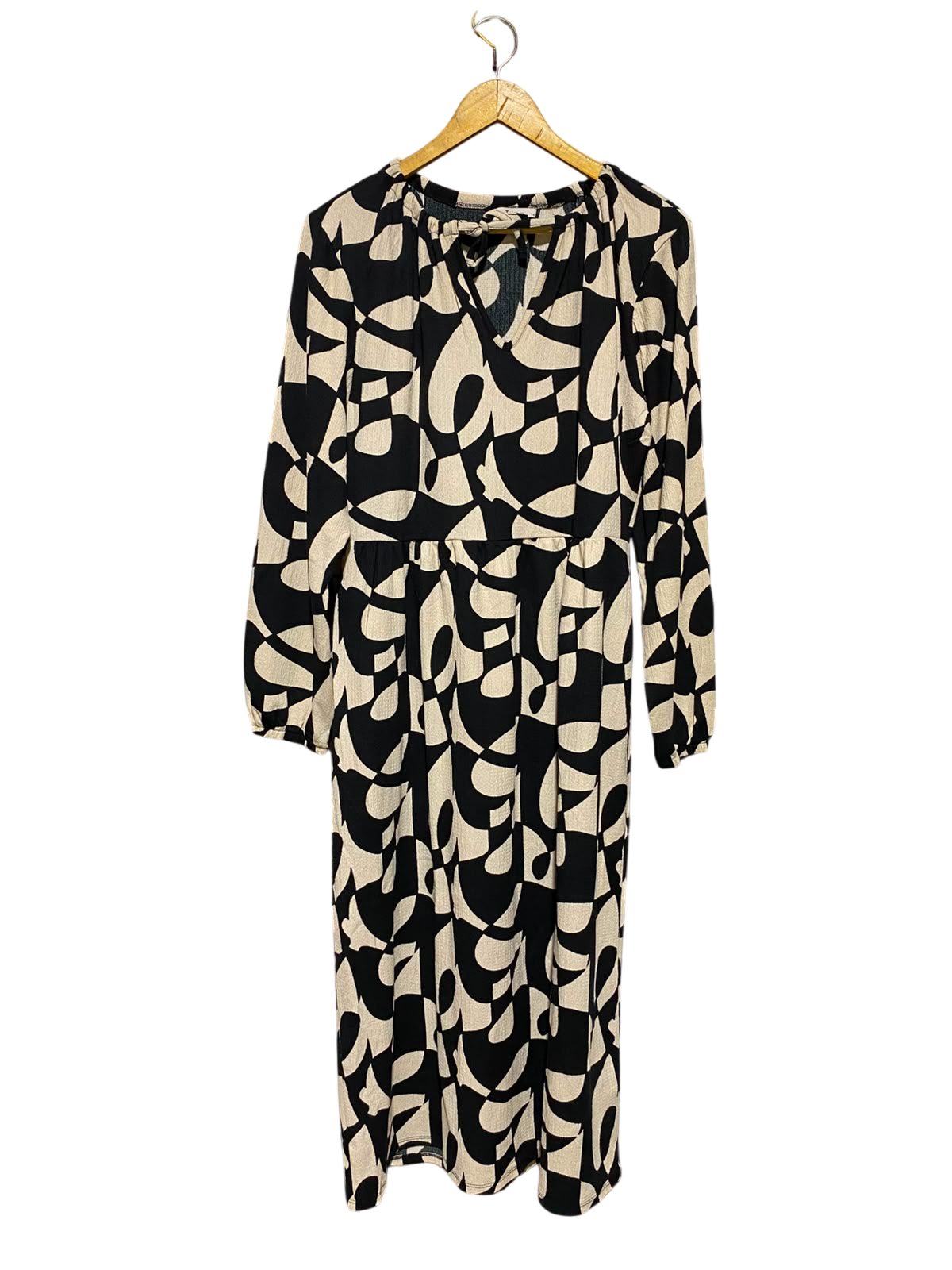 TU WOMAN |L| BUST 19| A3| RETRO CHIC MONOCHROME ABSTRACT PRINT MIDI DRESS WITH TIE NECK