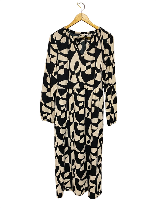 TU WOMAN |L| BUST 19| A3| RETRO CHIC MONOCHROME ABSTRACT PRINT MIDI DRESS WITH TIE NECK
