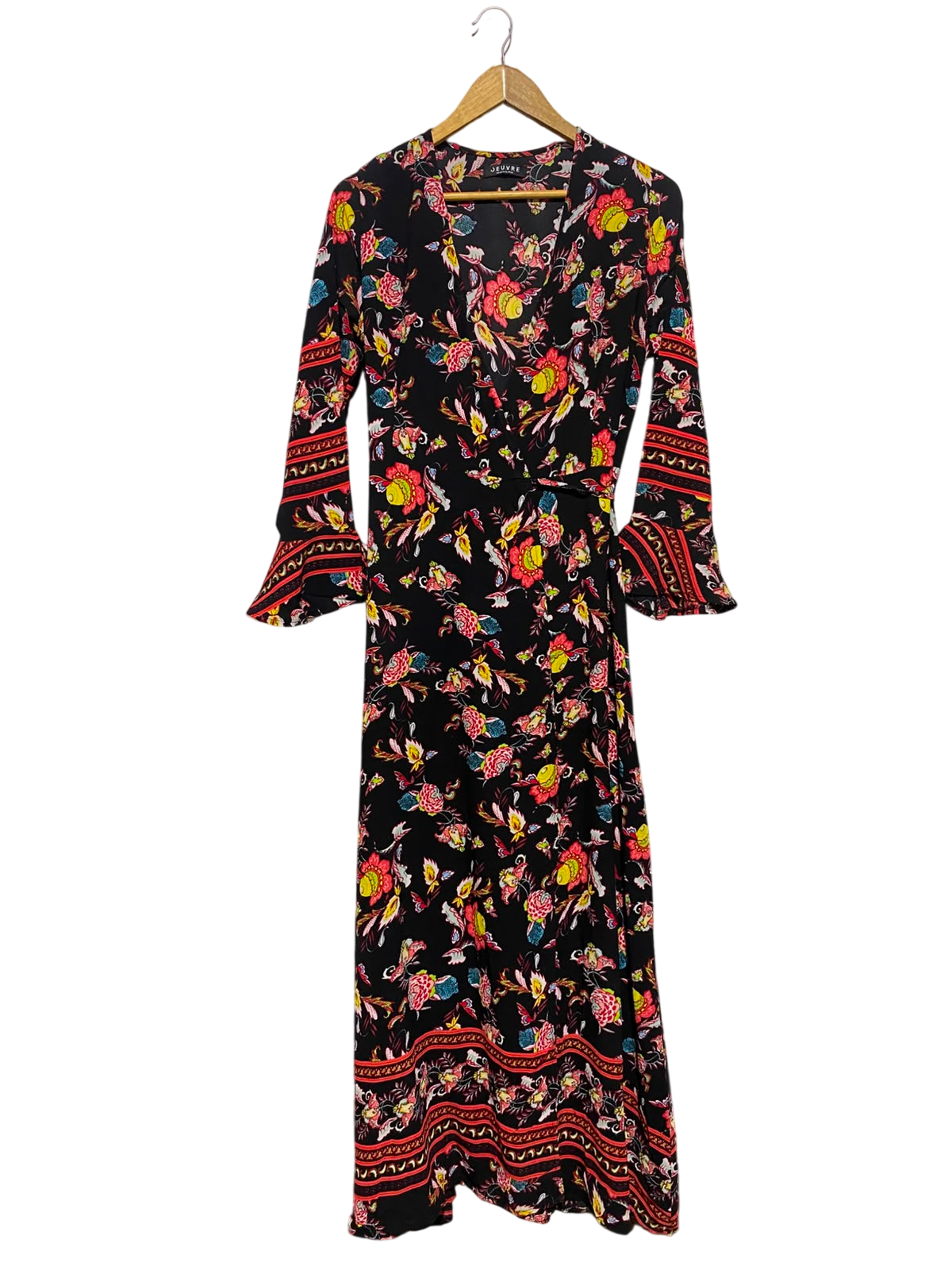JEUVRE |M| BUST 17| A3| BOLD BOHEMIAN FLORAL WRAP MIDI DRESS WITH BELL SLEEVES