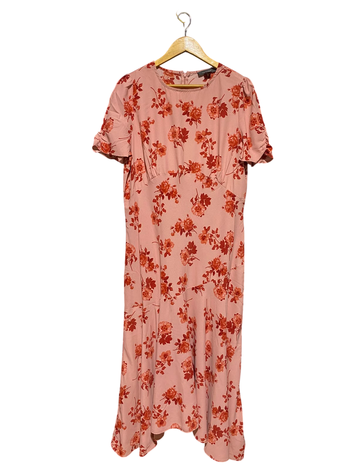PRIMARK |L| BUST 20| A3| ROMANTIC DUSTY PINK FLORAL MIDI DRESS WITH EMPIRE WAIST