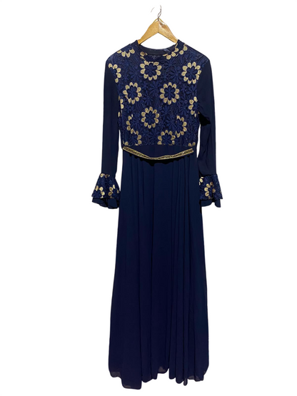 |M| BUST 18| A3| ELEGANT NAVY BLUE AND GOLD LACE MAXI GOWN WITH FLUID A-LINE SKIRT