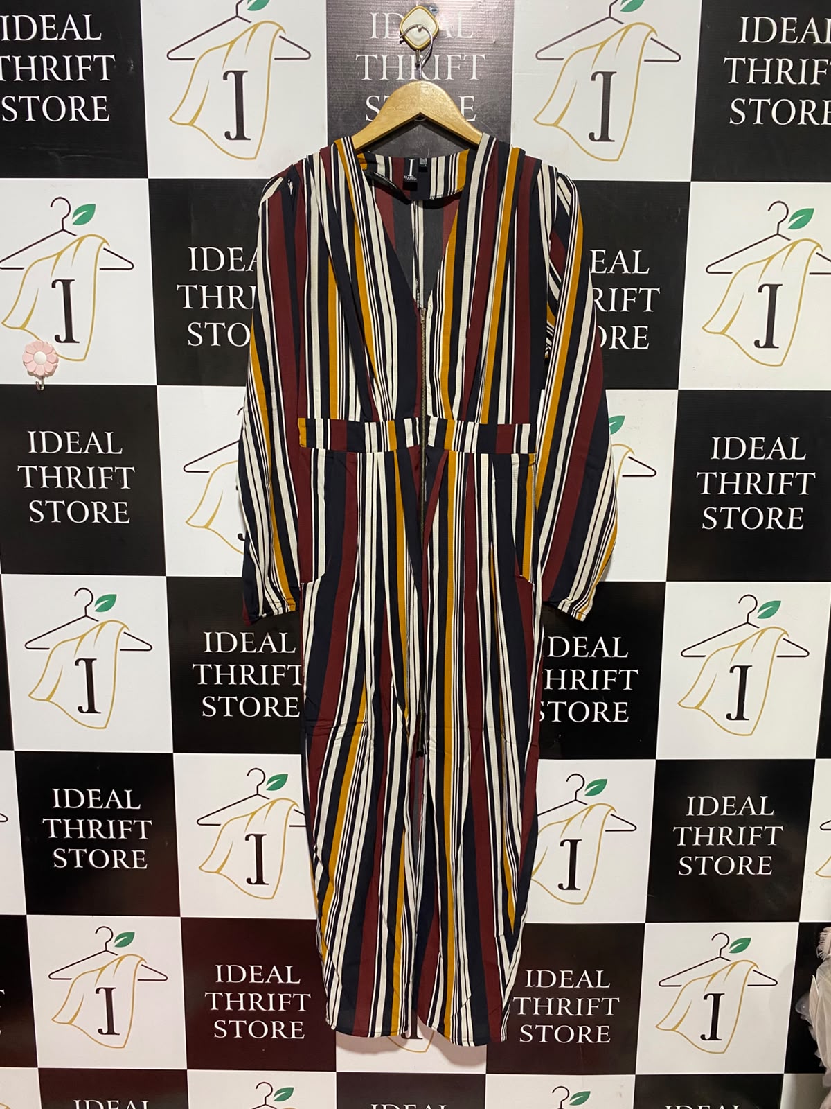 IZABEL |L| BUST 18| A3| RETRO MULTICOLOR STRIPED LONG SLEEVE JUMPSUIT WITH FRONT ZIPPER
