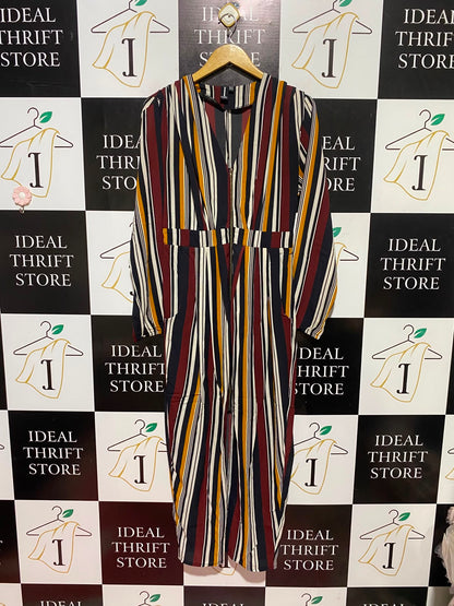 IZABEL |L| BUST 18| A3| RETRO MULTICOLOR STRIPED LONG SLEEVE JUMPSUIT WITH FRONT ZIPPER