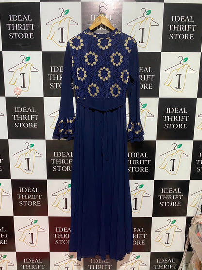 |M| BUST 18| A3| ELEGANT NAVY BLUE AND GOLD LACE MAXI GOWN WITH FLUID A-LINE SKIRT