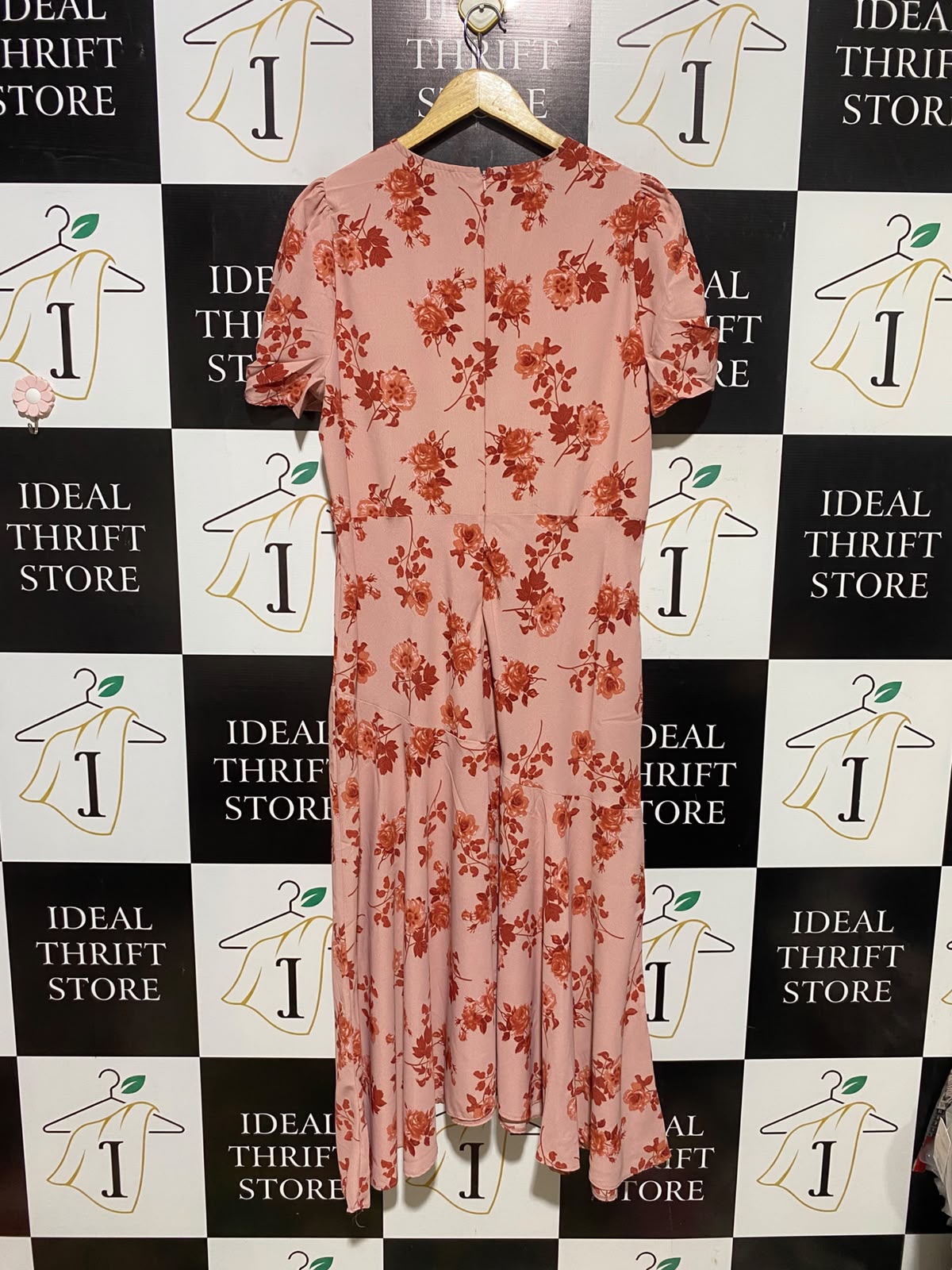 PRIMARK |L| BUST 20| A3| ROMANTIC DUSTY PINK FLORAL MIDI DRESS WITH EMPIRE WAIST