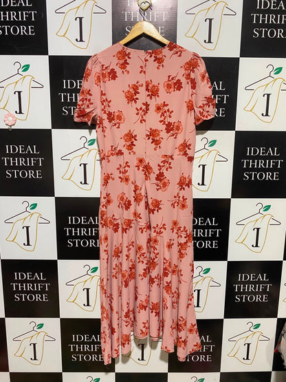 PRIMARK |L| BUST 20| A3| ROMANTIC DUSTY PINK FLORAL MIDI DRESS WITH EMPIRE WAIST