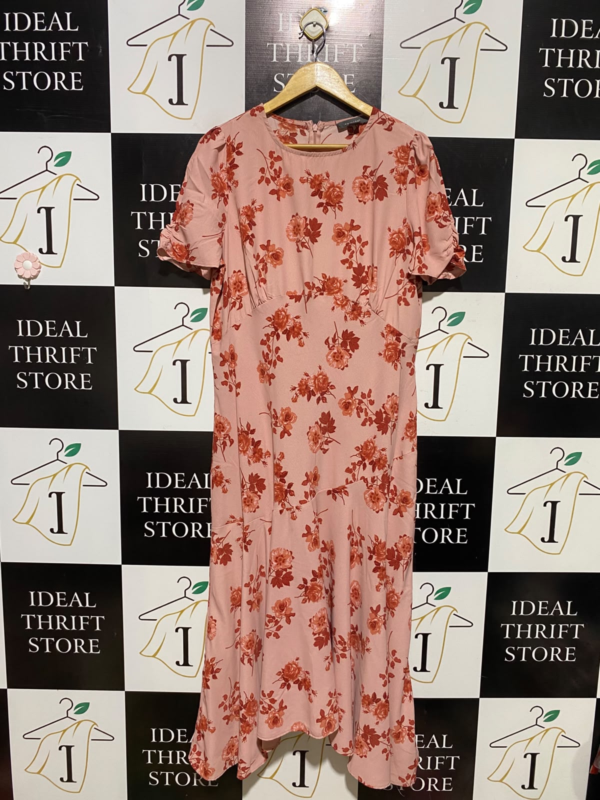PRIMARK |L| BUST 20| A3| ROMANTIC DUSTY PINK FLORAL MIDI DRESS WITH EMPIRE WAIST