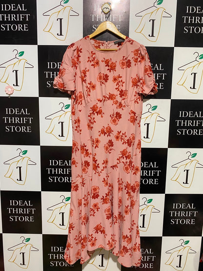 PRIMARK |L| BUST 20| A3| ROMANTIC DUSTY PINK FLORAL MIDI DRESS WITH EMPIRE WAIST