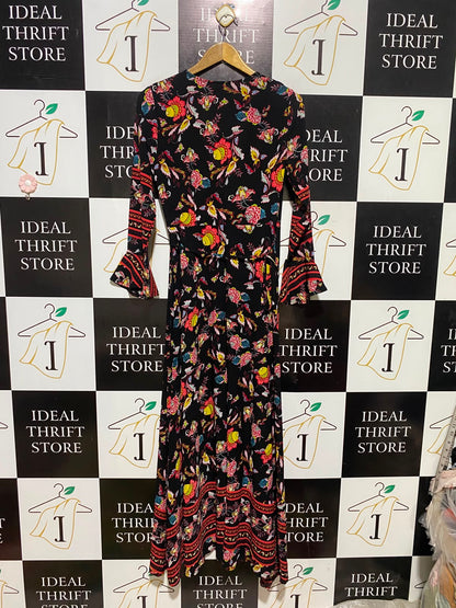 JEUVRE |M| BUST 17| A3| BOLD BOHEMIAN FLORAL WRAP MIDI DRESS WITH BELL SLEEVES