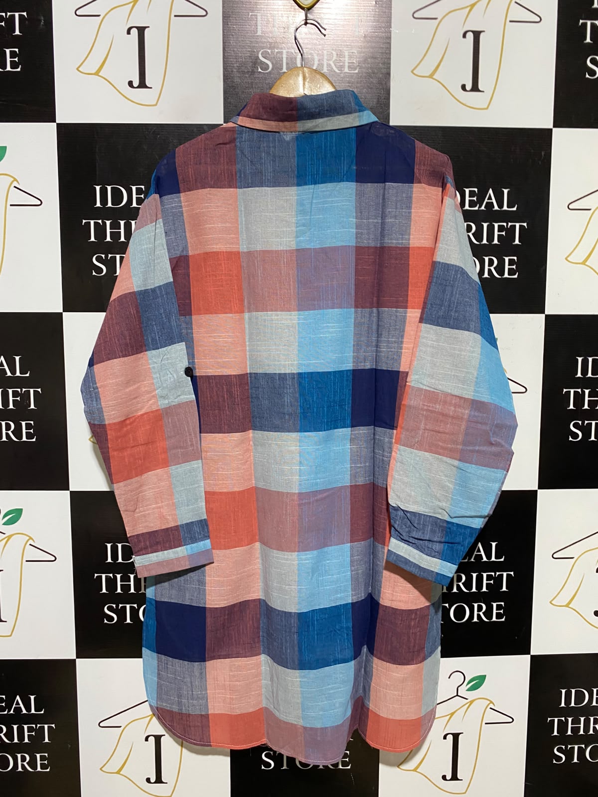 |XL| BUST 23| A3| CASUAL MULTICOLOR PLAID HIGH-LOW BUTTON-DOWN TUNIC SHIRT