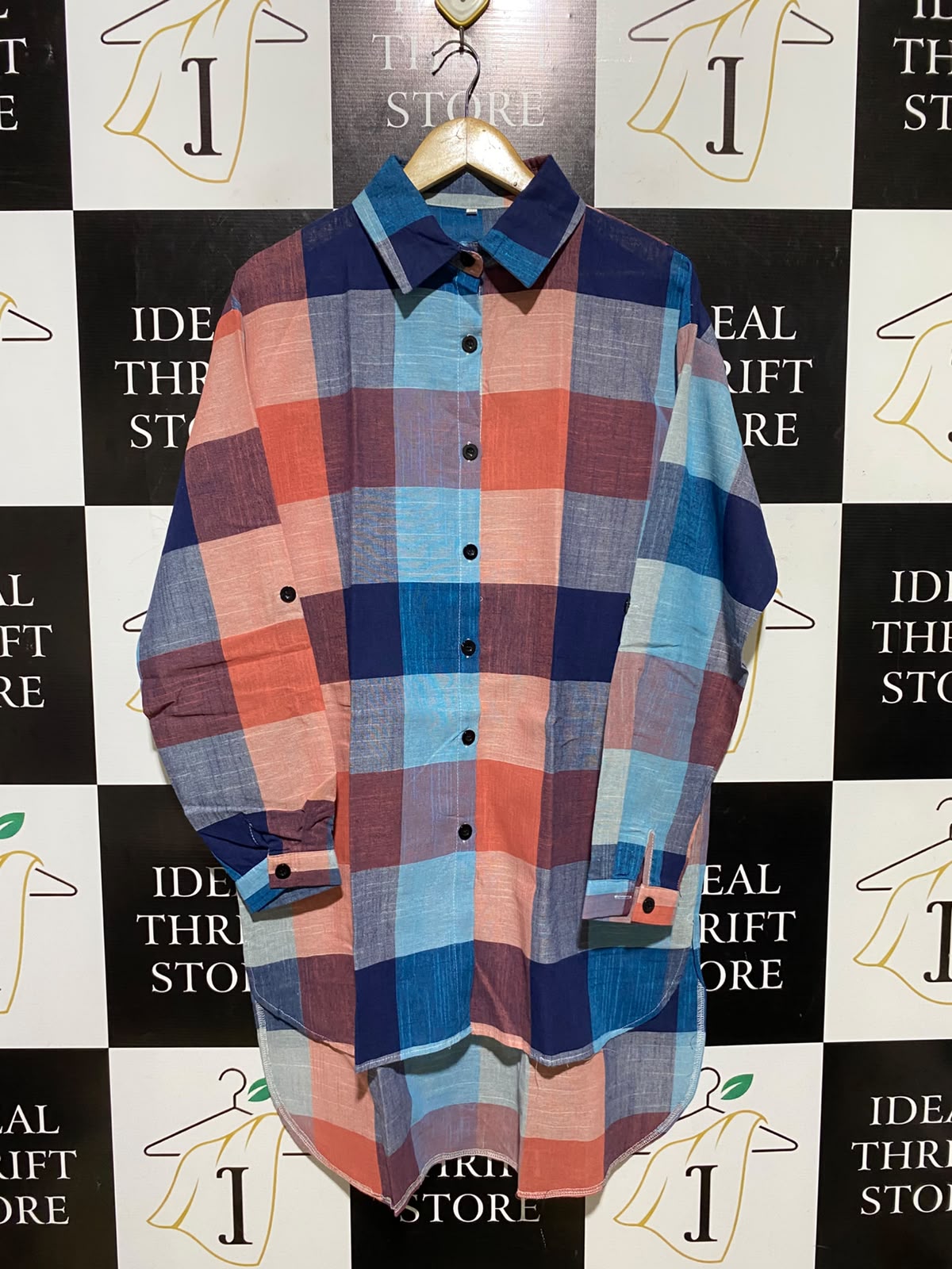 |XL| BUST 23| A3| CASUAL MULTICOLOR PLAID HIGH-LOW BUTTON-DOWN TUNIC SHIRT