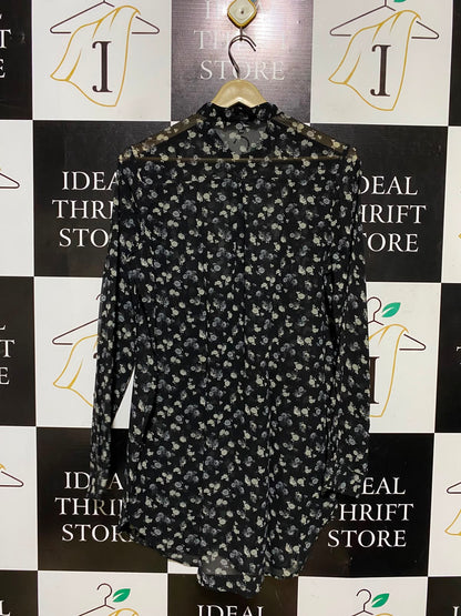 NEXT |M| BUST 20| A3| CHIC SEMI-SHEER BLACK FLORAL BUTTON-DOWN TUNIC SHIRT