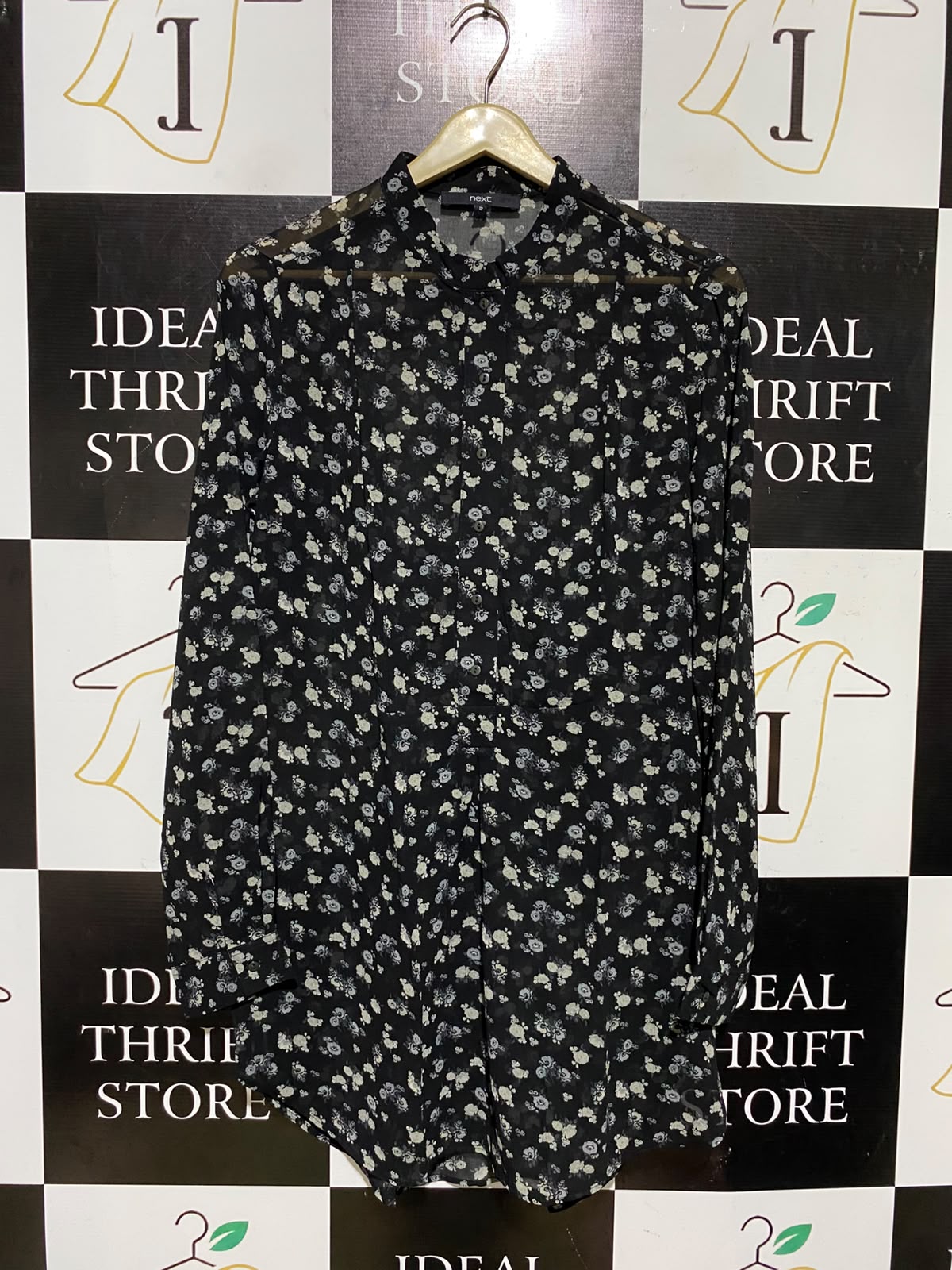 NEXT |M| BUST 20| A3| CHIC SEMI-SHEER BLACK FLORAL BUTTON-DOWN TUNIC SHIRT