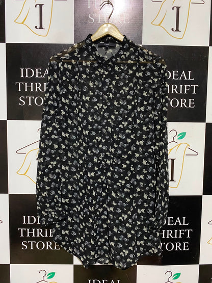 NEXT |M| BUST 20| A3| CHIC SEMI-SHEER BLACK FLORAL BUTTON-DOWN TUNIC SHIRT