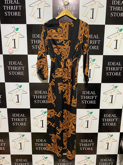 SHEIN |XS| BUST 17| A3| LUXURIOUS BLACK AND GOLD BAROQUE PRINT V-NECK MAXI DRESS
