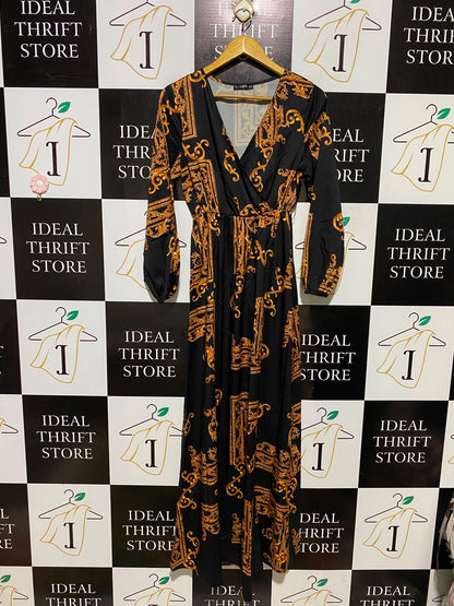 SHEIN |XS| BUST 17| A3| LUXURIOUS BLACK AND GOLD BAROQUE PRINT V-NECK MAXI DRESS
