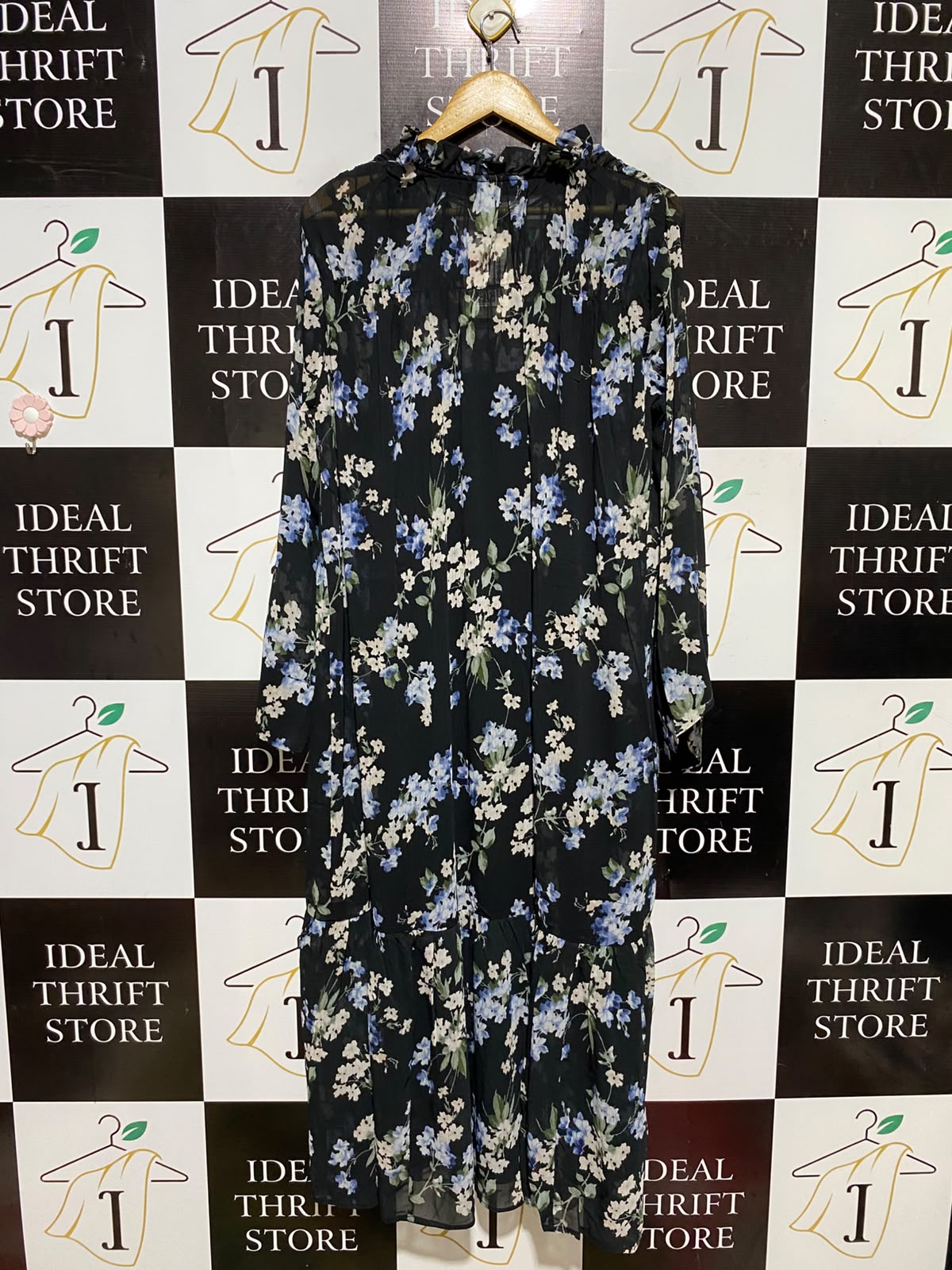 H&M |M| BUST 24| A2| BOHEMIAN BLACK AND BLUE FLORAL TIERED MIDI DRESS WITH TIE NECK